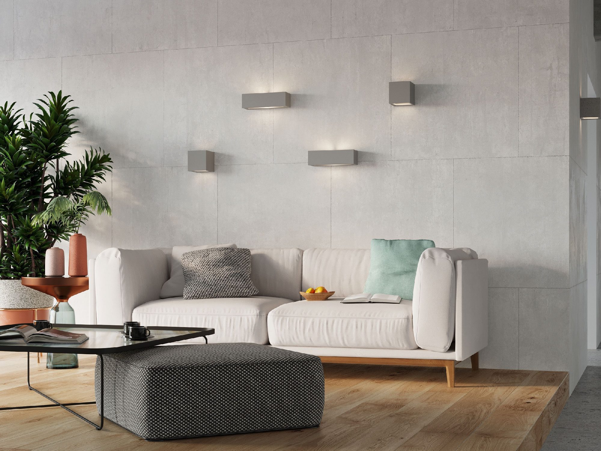 Nowoczesne prostokątne kinkiety LED w minimalistycznym salonie Nowoczesne prostokątne kinkiety LED w minimalistycznym salonie