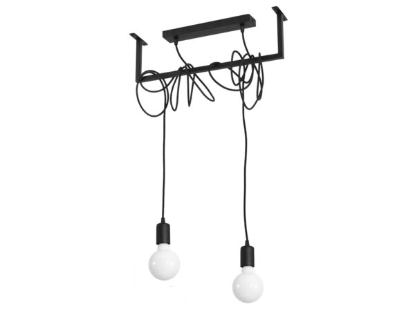Minimalistyczna lampa z dwoma zwisającymi żarówkami na czarnym stelażu