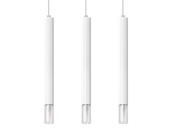 Trzy białe lampy tubowe na białym tle – widok od spodu