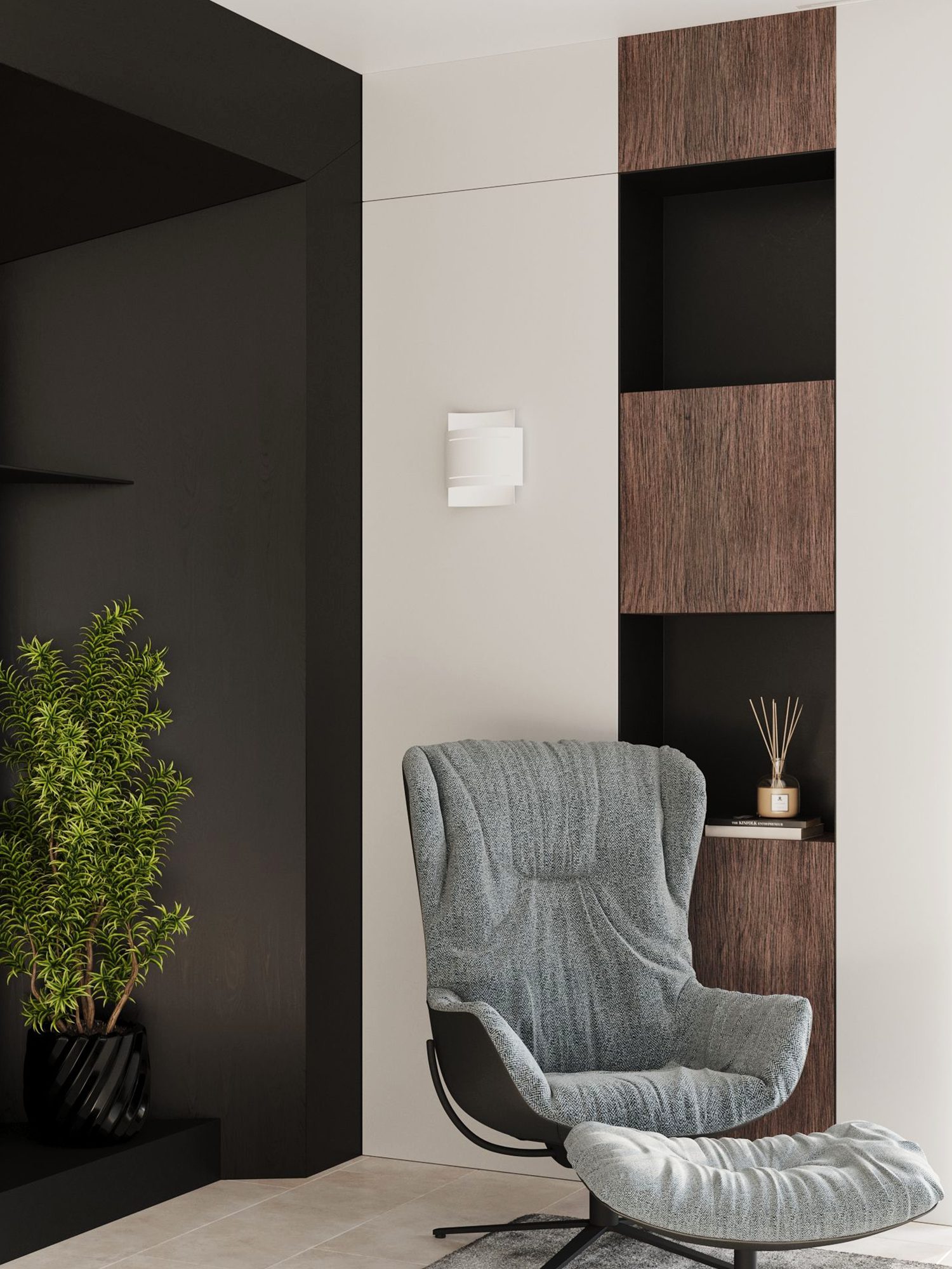 Kinkiet LED biały montowany na ścianie w ciemnym wnętrzu Kinkiet LED biały montowany na ścianie w ciemnym wnętrzu