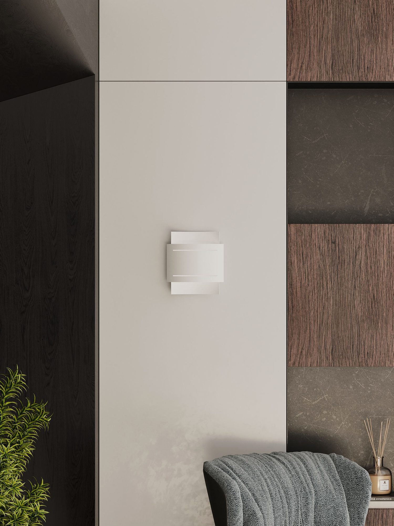 Biały nowoczesny kinkiet LED w aranżacji ściany w salonie Biały nowoczesny kinkiet LED w aranżacji ściany w salonie