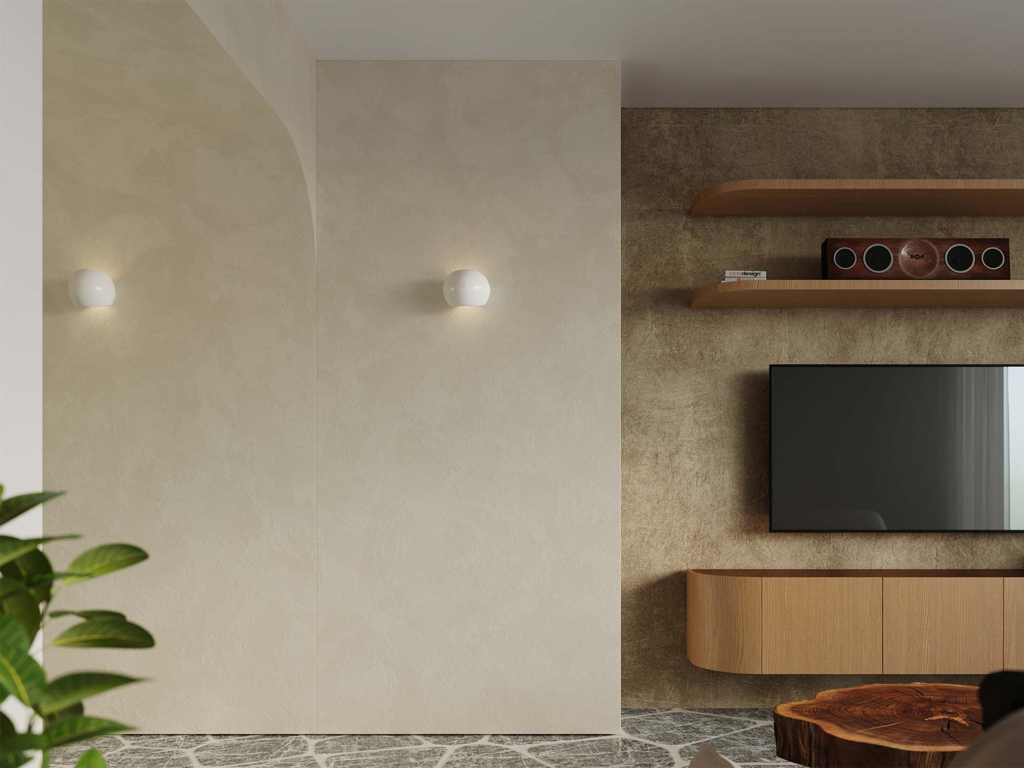 Kompozycja lamp ściennych w eleganckim wnętrzu z roślinami