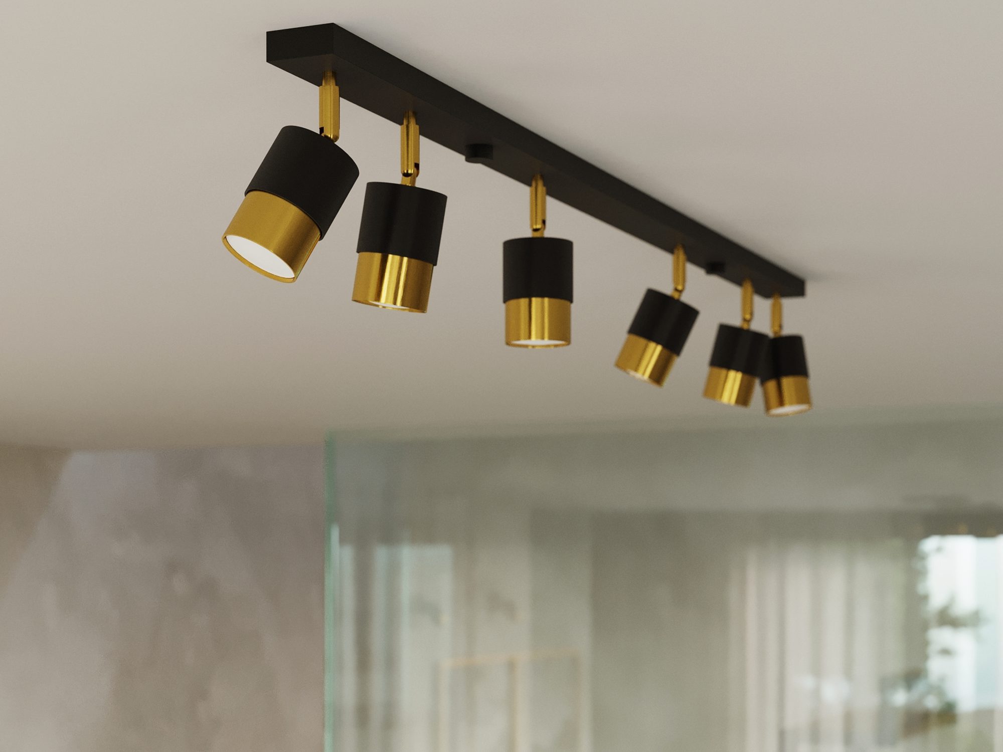 Złoto-czarna listwa oświetleniowa z pięcioma reflektorami Złoto-czarna listwa oświetleniowa z pięcioma reflektorami