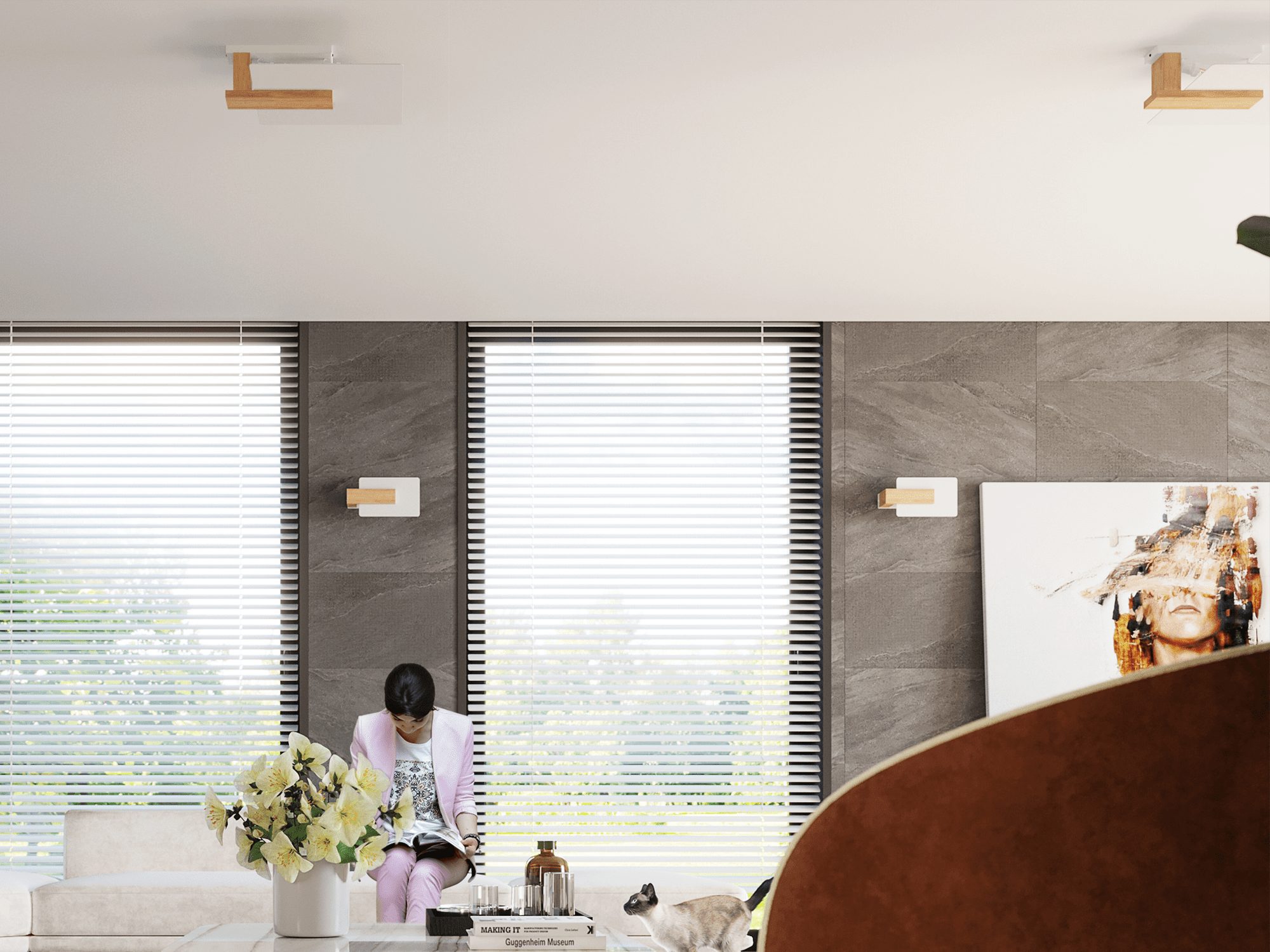 Salon z białą lampą LED w kształcie prostokąta