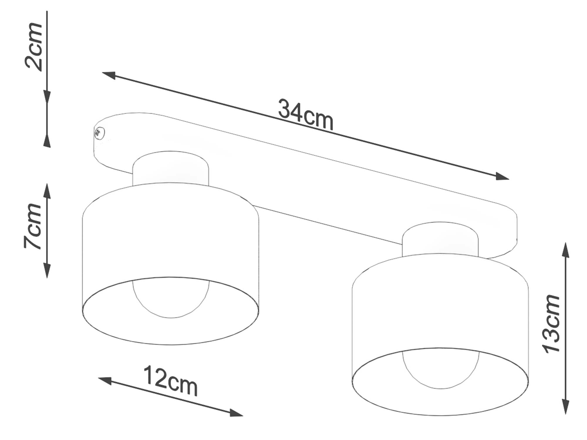 Schemat lampy sufitowej z wymiarem 34 cm i kloszami 12 cm