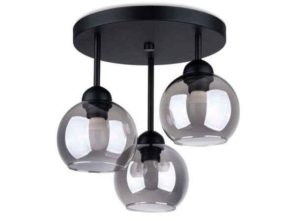 Nowoczesna lampa z trzema kulistymi kloszami w kolorze dymionego szkła