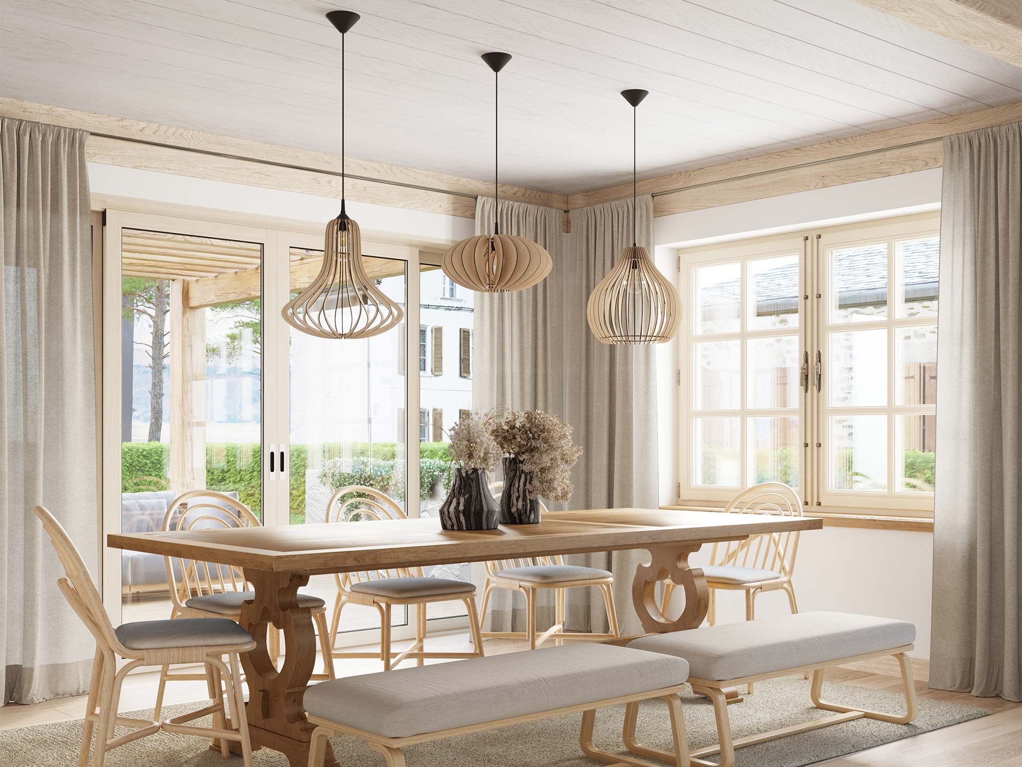 Stylowa jadalnia z trzema lampami wiszącymi w drewnianej aranżacji