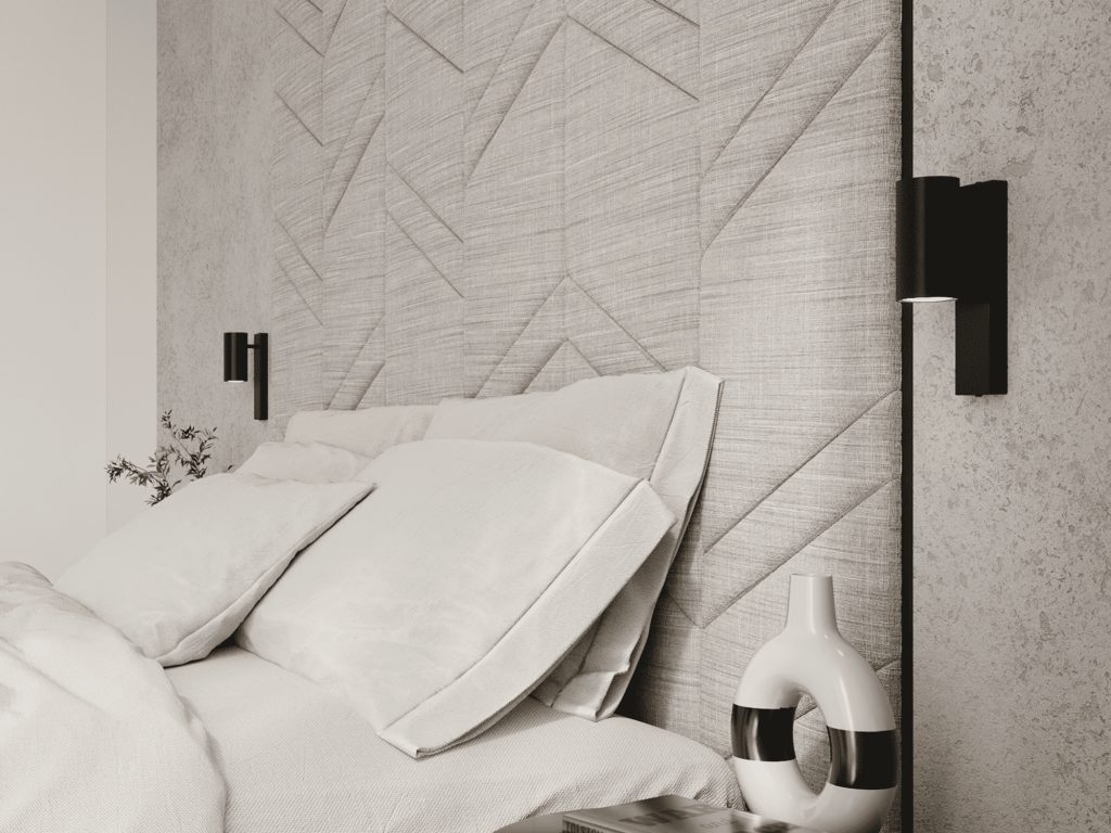 Czarne matowe kinkiety w minimalistycznej sypialni