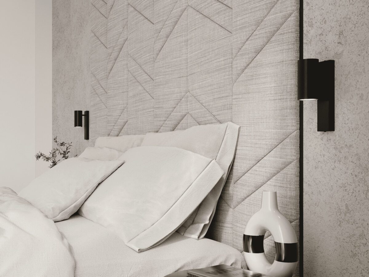 Czarne matowe kinkiety w minimalistycznej sypialni