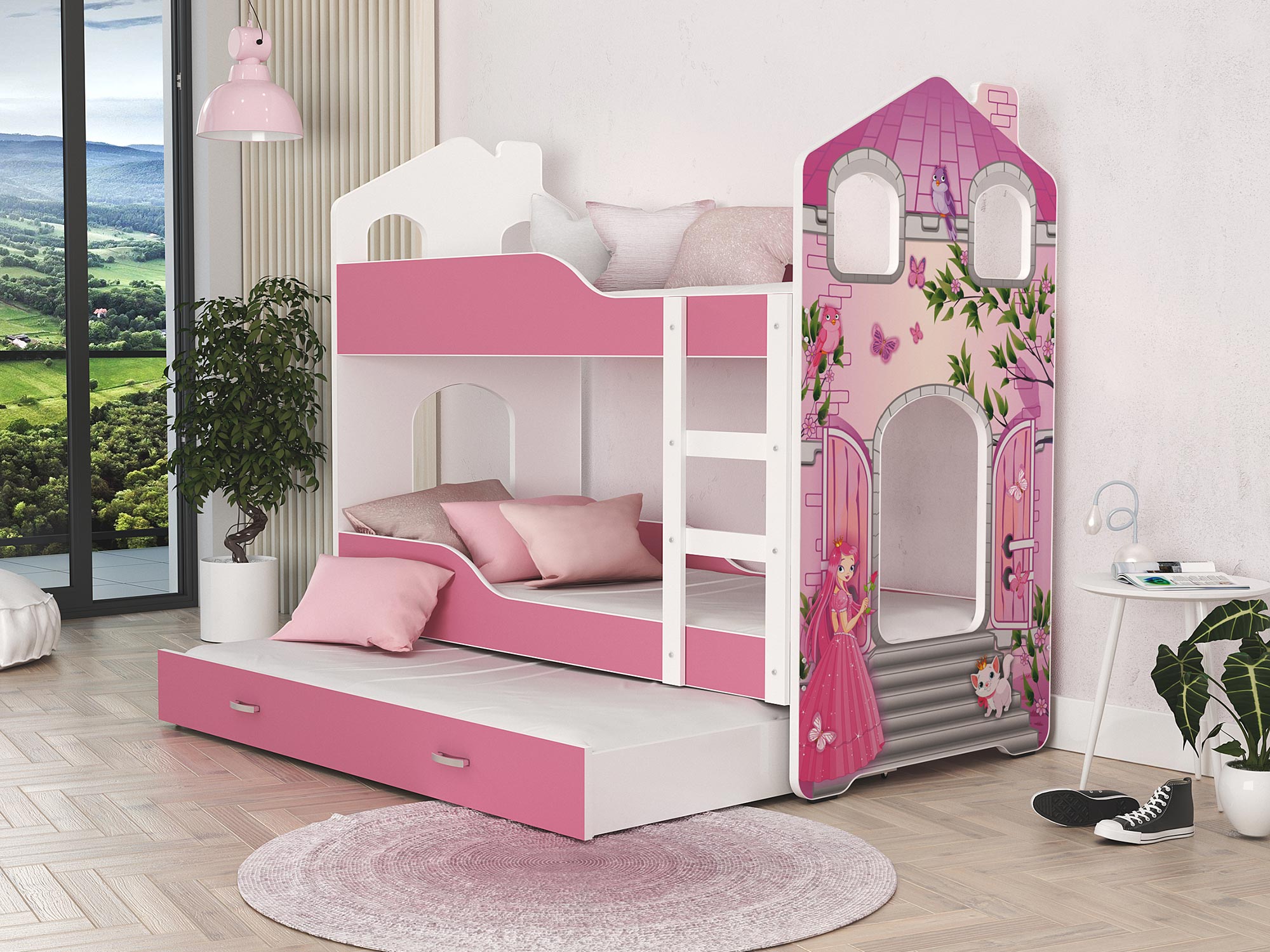 Różowe łóżko dziecięce z motywem pałacu księżniczki i szufladą