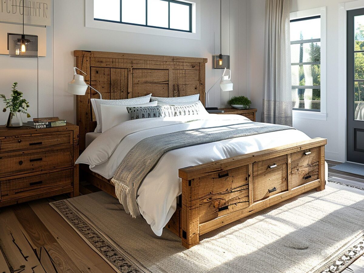 Drewniane łóżko z szufladami i wysokim zagłówkiem w stylu farmhouse