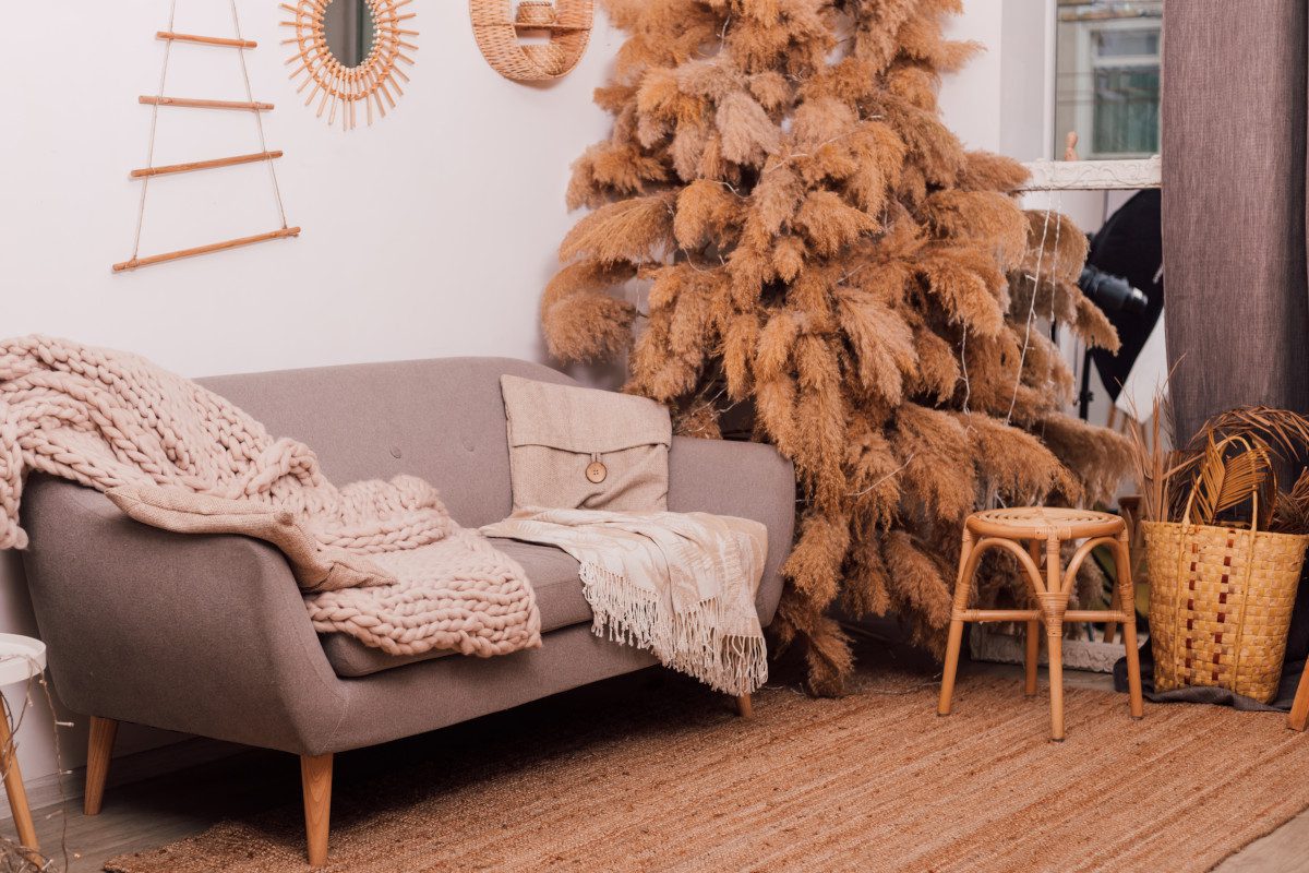 Beżowa sofa z kocem i dekoracją z suszonych traw