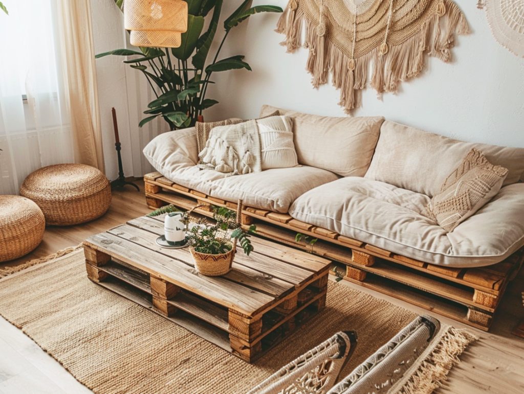Sofa z palet i stolik z drewna w rustykalnym salonie boho