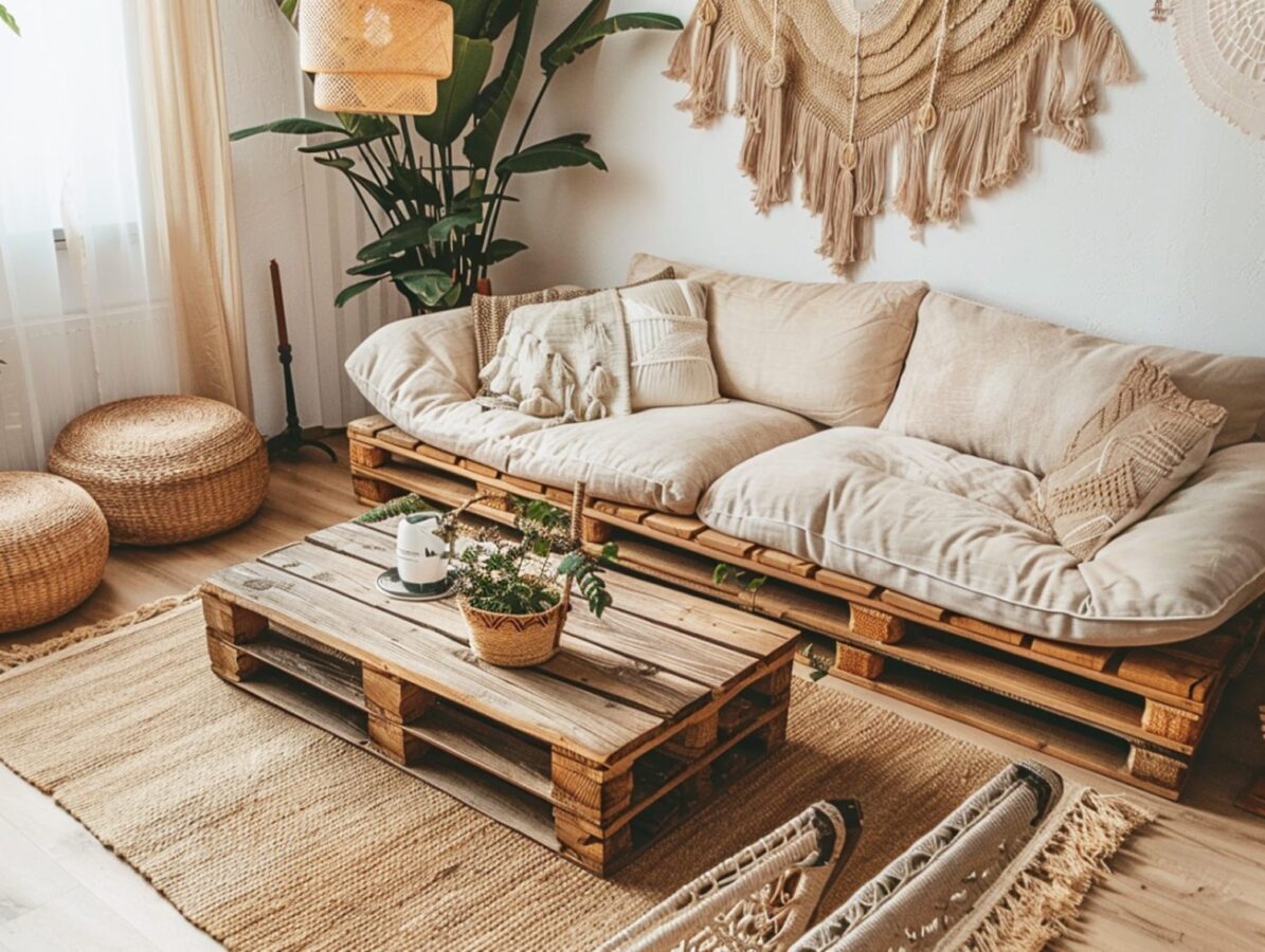 Sofa z palet i stolik z drewna w rustykalnym salonie boho