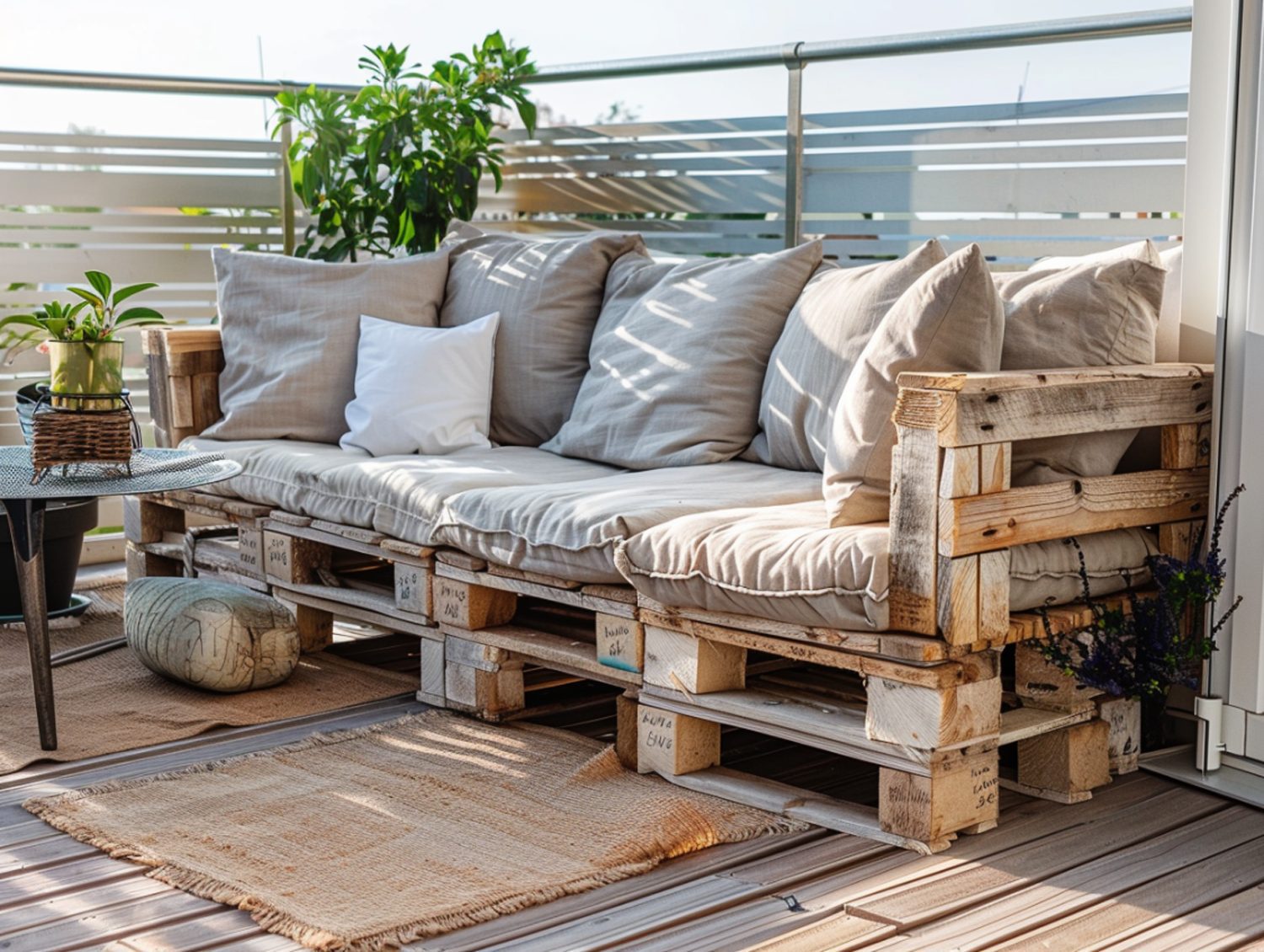 Sofa tarasowa z poduszkami na bazie z palet w stylu eko