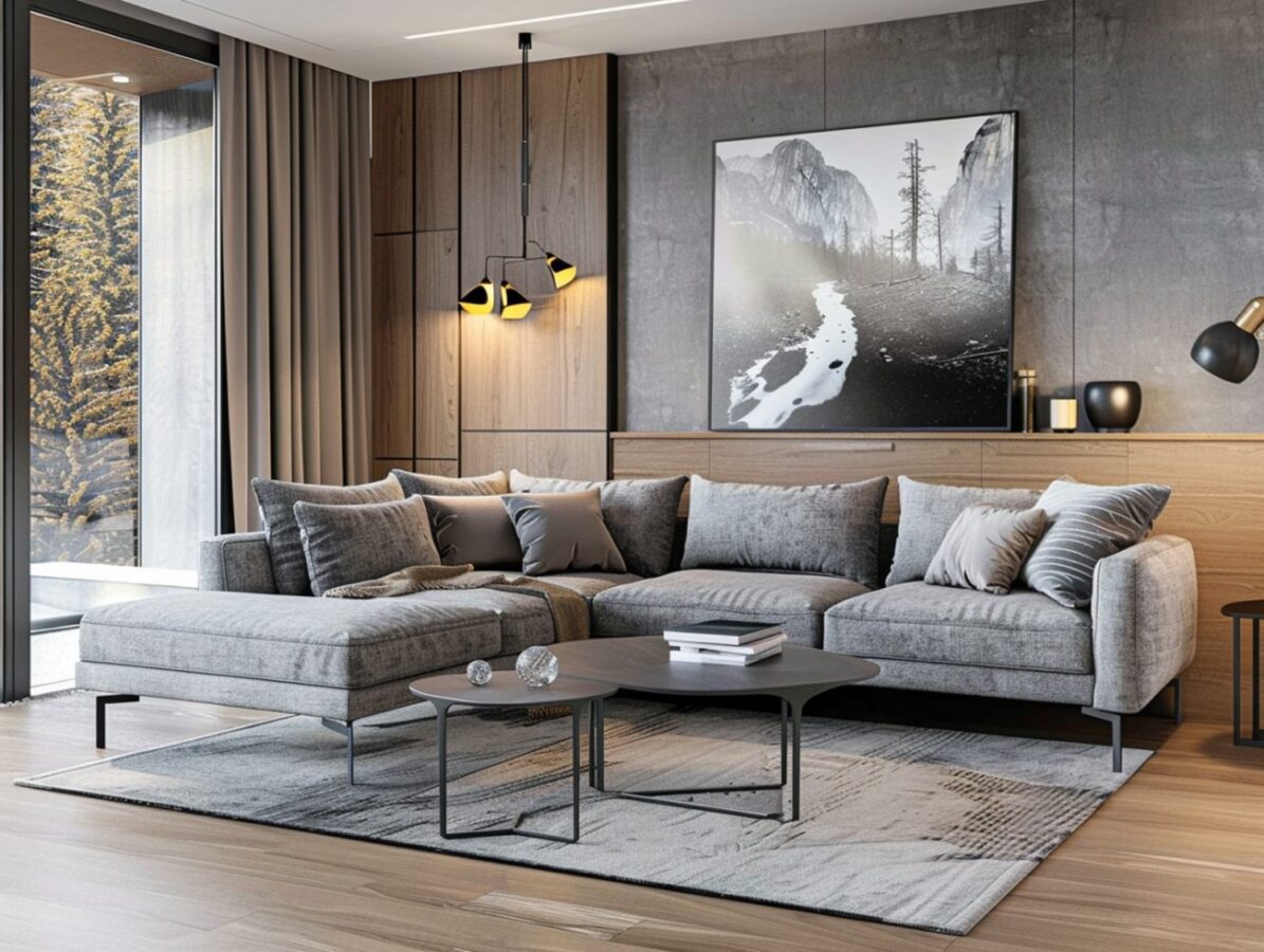 Szary narożnik w nowoczesnym salonie z dekoracyjnym obrazem