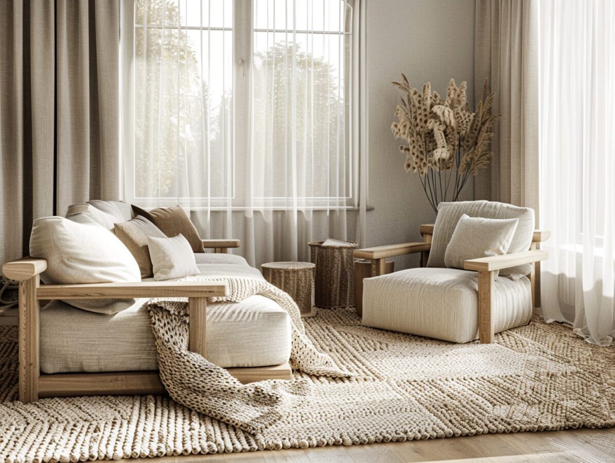 Beżowy zestaw wypoczynkowy z drewnianymi fotelami i pufą