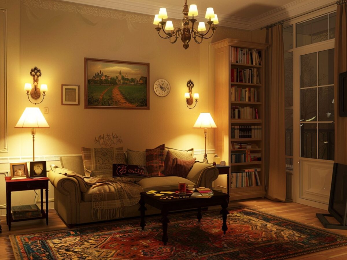 Klasyczny salon z żyrandolem i fotelami w angielskim stylu