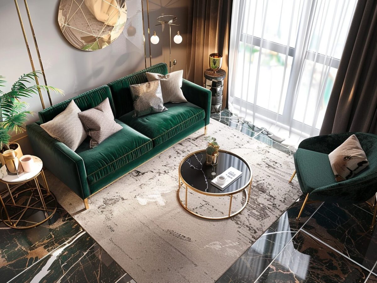 Zielona sofa welurowa z marmurowym stolikiem w stylu glamour