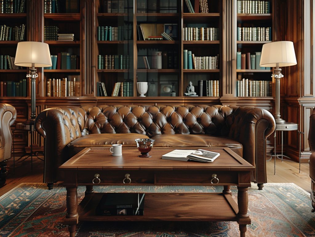 Skórzana sofa Chesterfield i drewniany stolik w klasycznej bibliotece