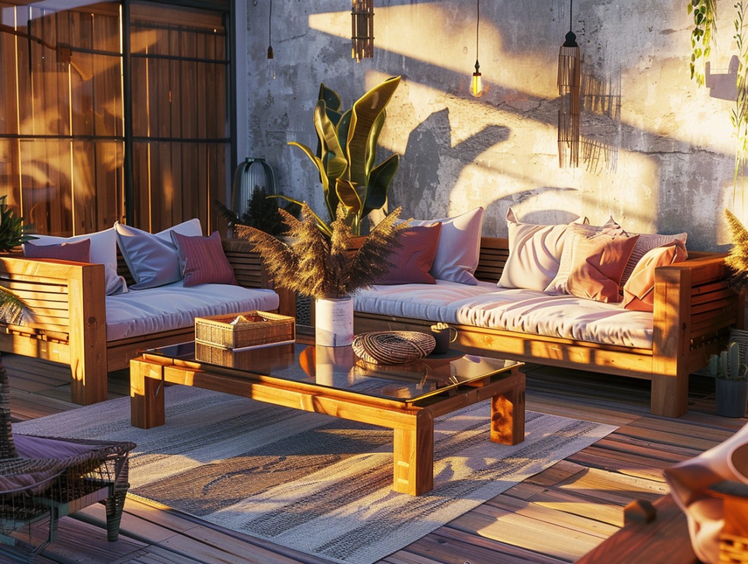 Zestaw wypoczynkowy z drewna i kolorowymi poduszkami na tarasie