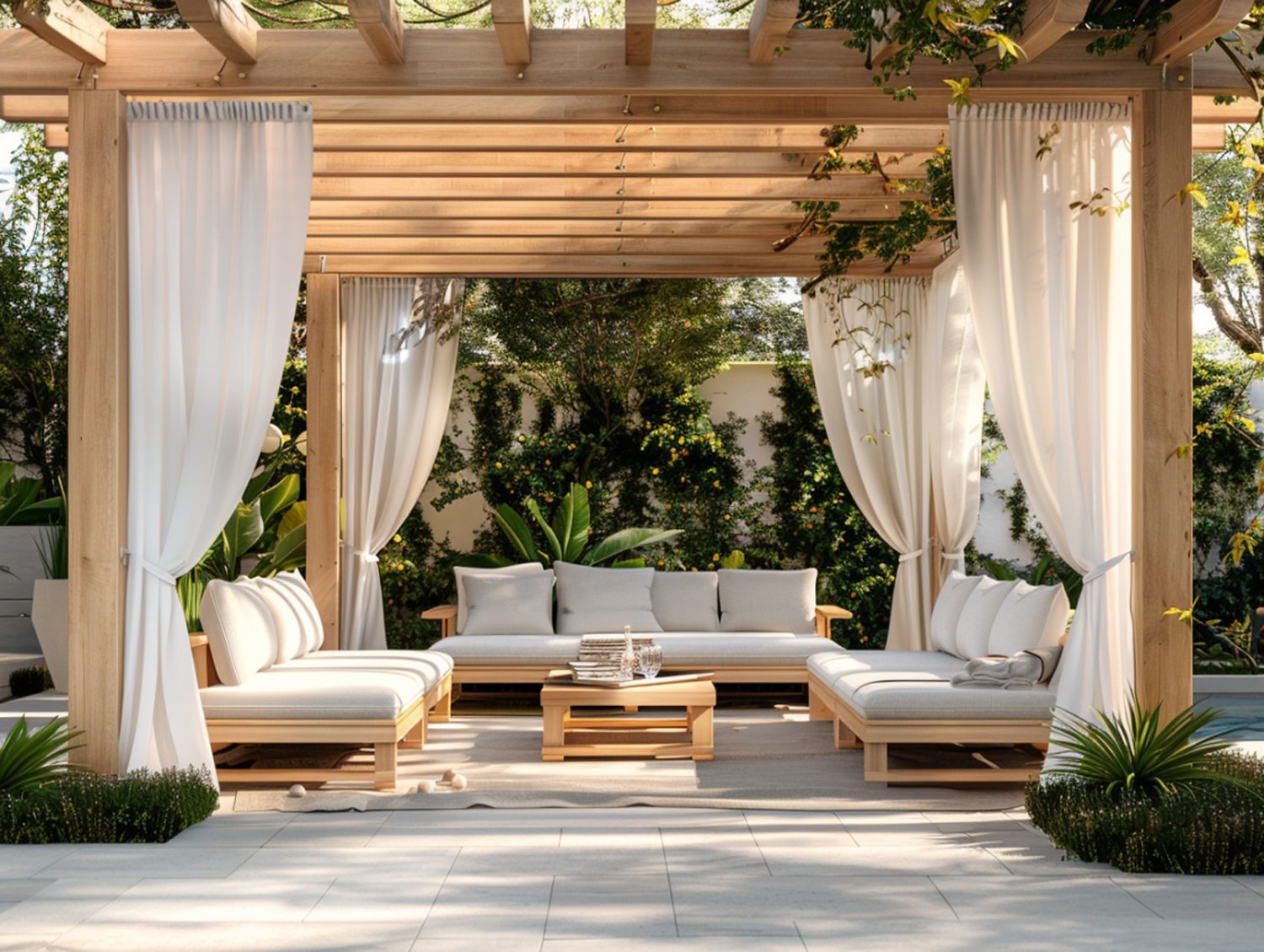 Taras z pergolą i białymi meblami z poduszkami w stylu boho