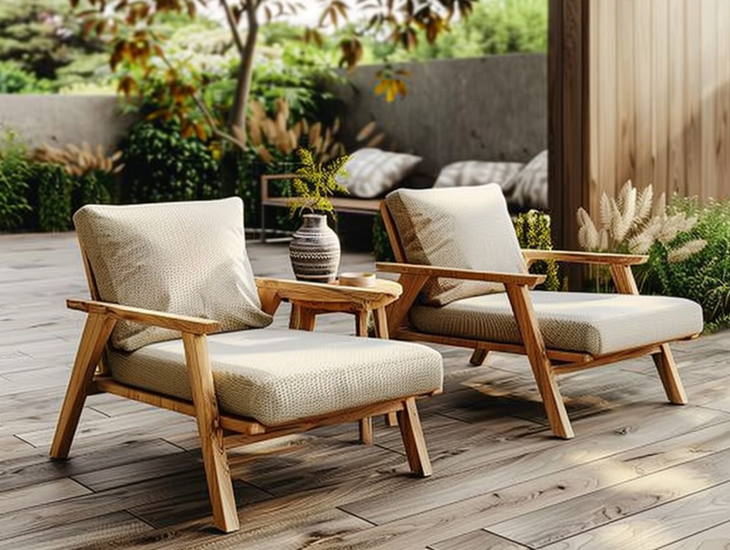 Fotele ogrodowe z naturalnego drewna i kremowymi poduszkami