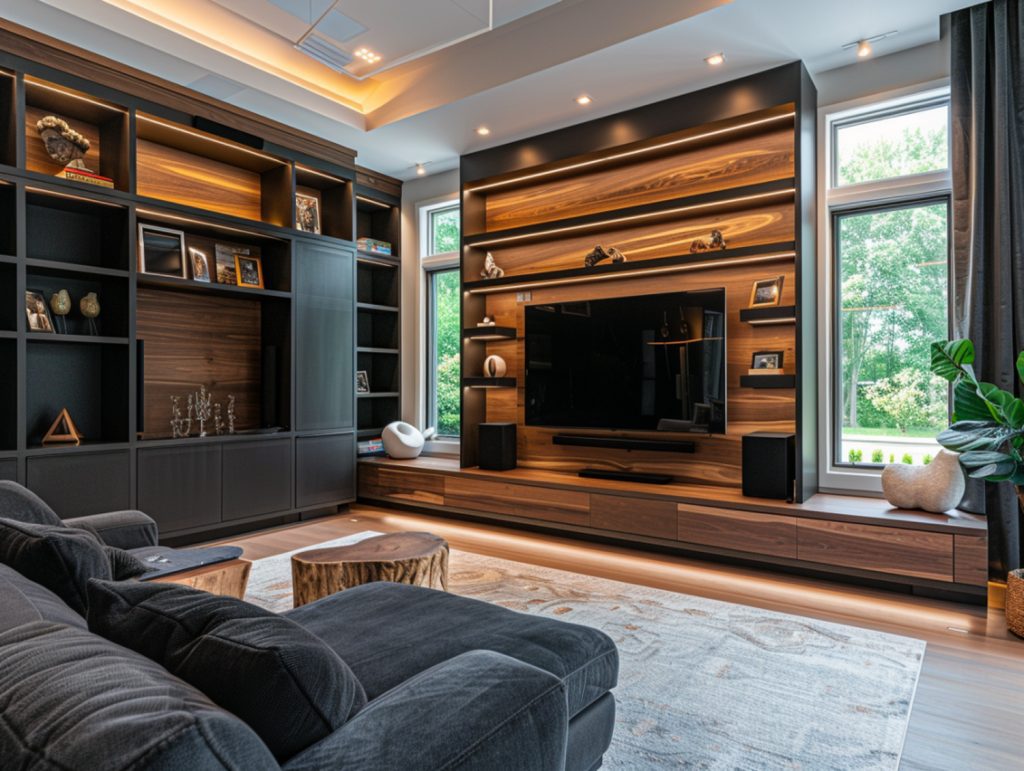 Nowoczesna ściana multimedialna z drewnem i oświetleniem