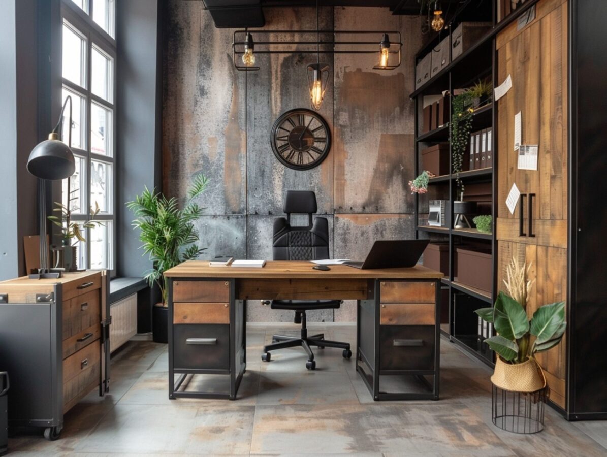Industrialne biurko z drewnianym blatem i czarnym fotelem w loftowym gabinecie