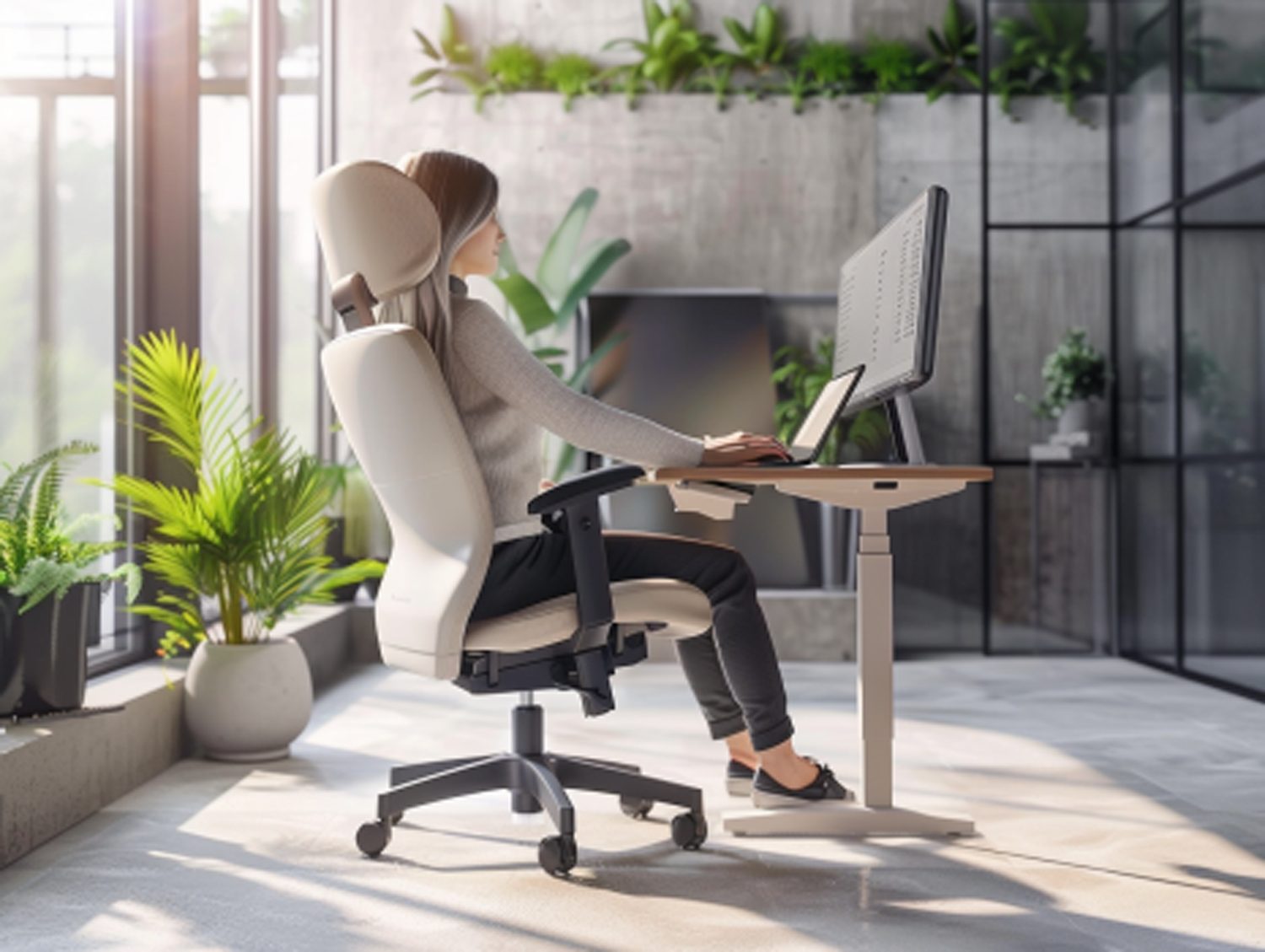 Ergonomiczny fotel biurowy z podparciem pod głowę w jasnym gabinecie