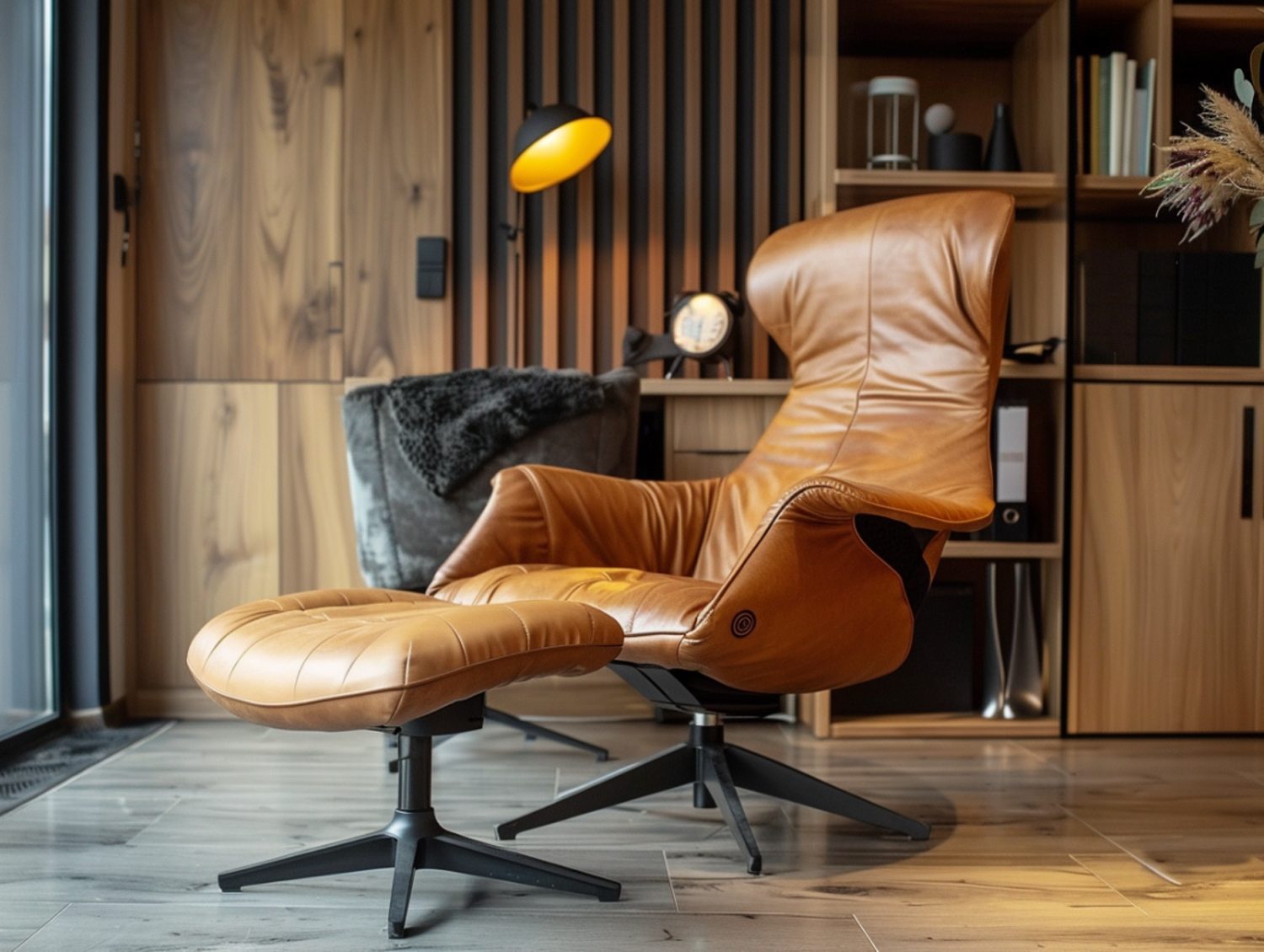 Skórzany fotel wypoczynkowy z podnóżkiem w nowoczesnym salonie