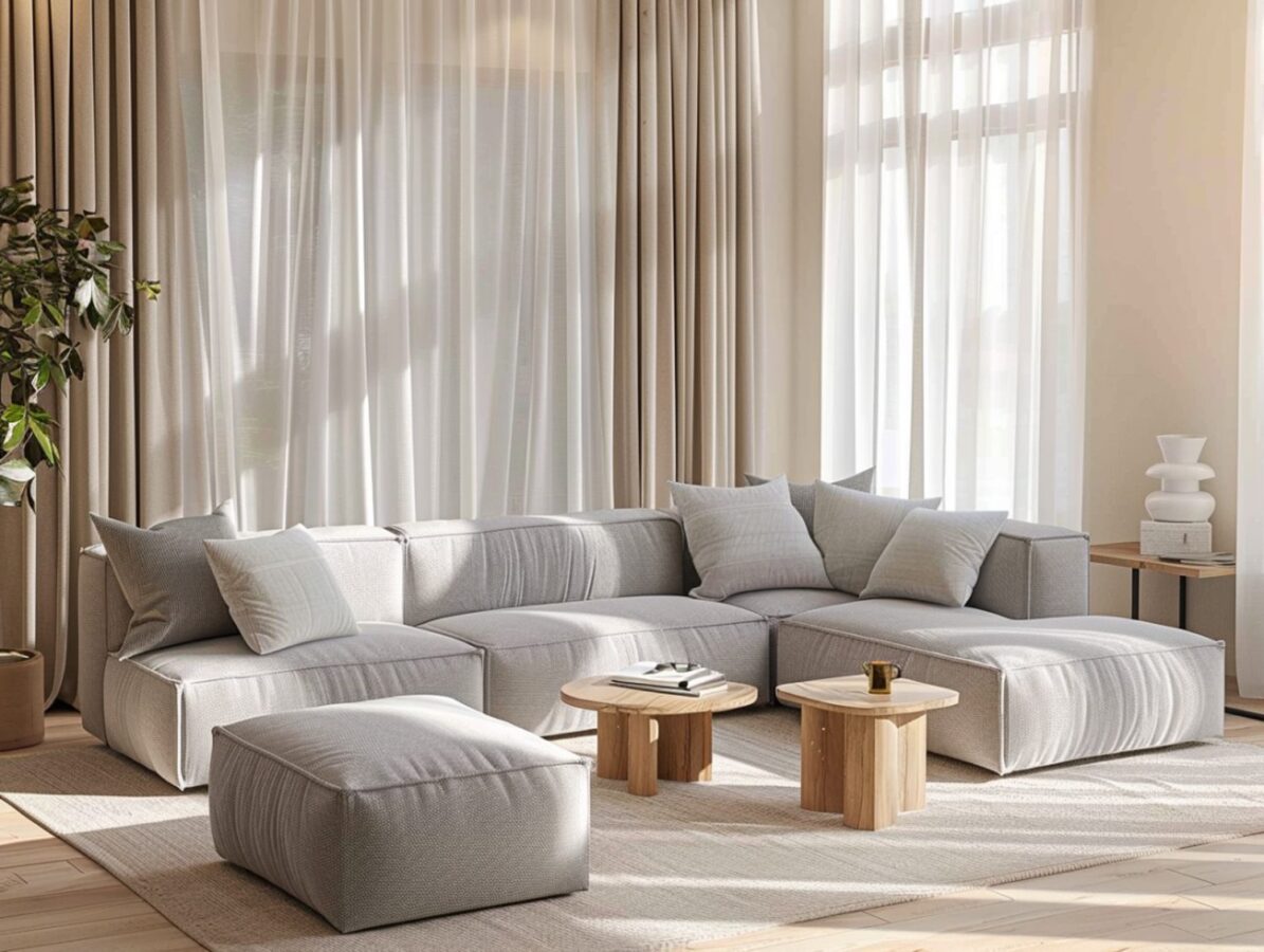 Salon z narożnikiem i dębowymi stolikami w stylu skandynawskim