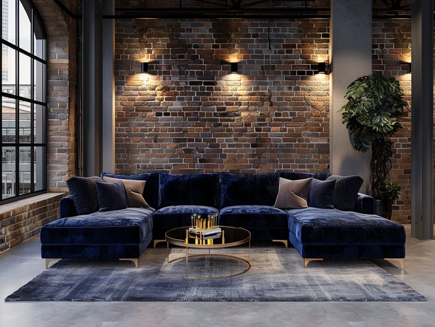 Granatowy narożnik z weluru w lofcie z ceglanymi ścianami