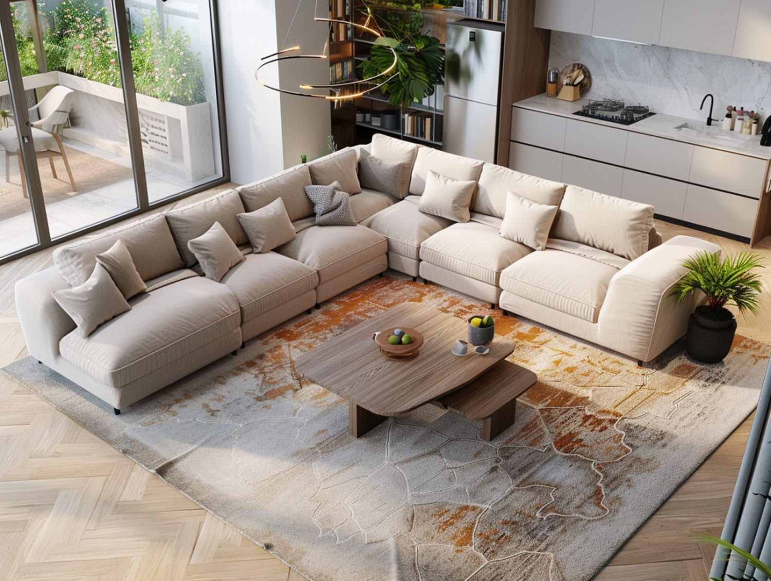 Duży narożnik beżowy w salonie z dywanem i stolikiem kawowym