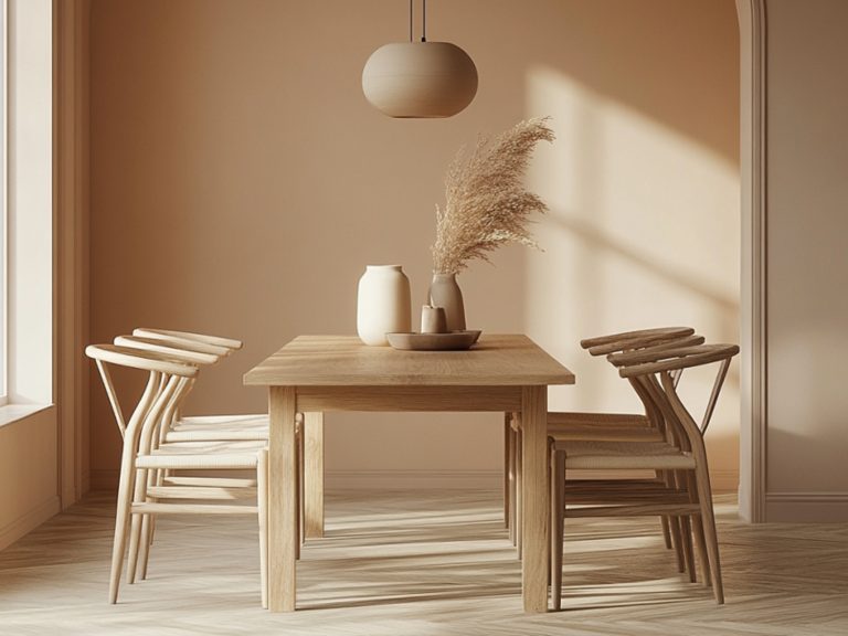 Drewniany stół z jasnymi krzesłami w stylu skandynawskim