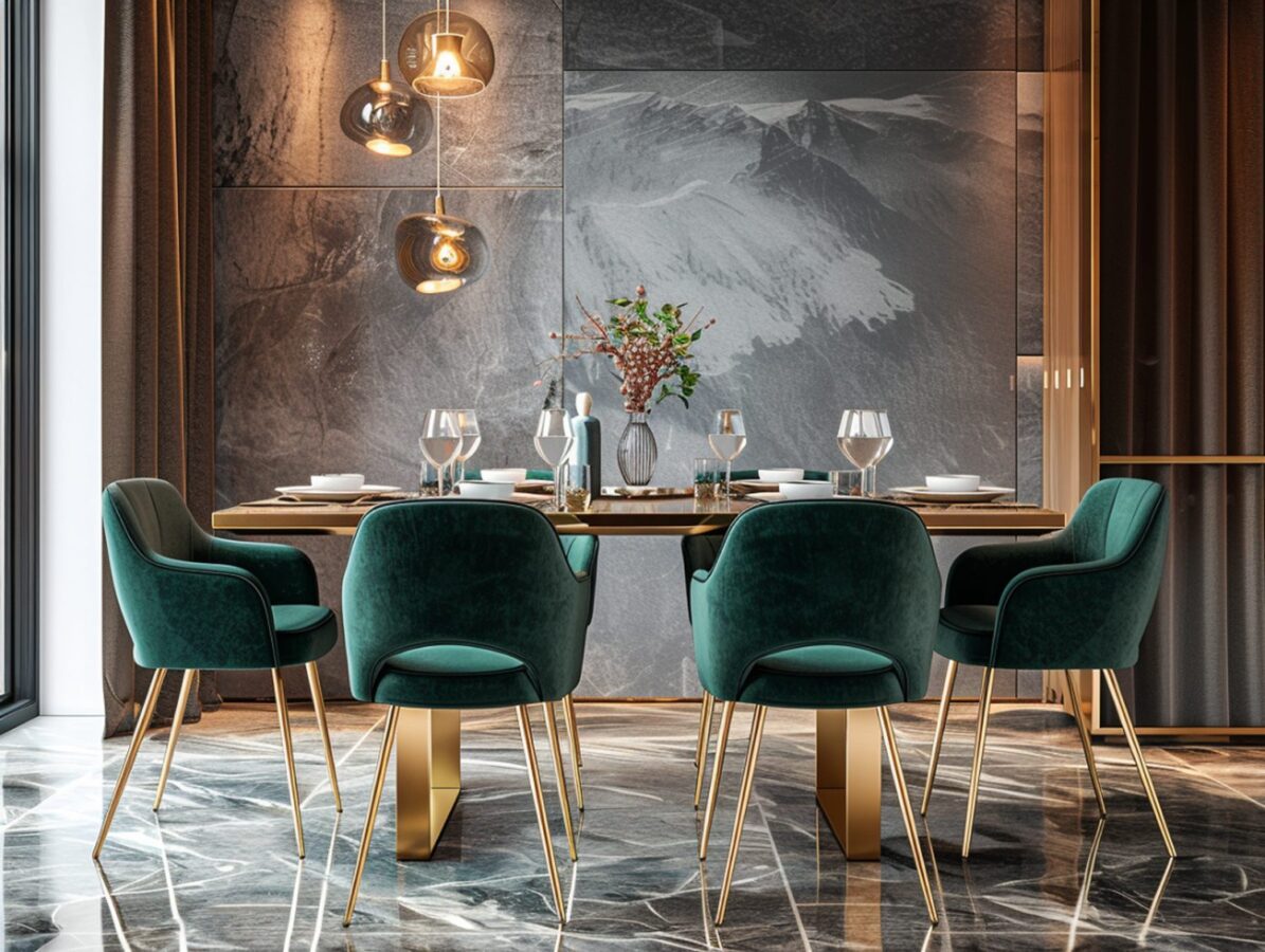 Luksusowa jadalnia z zielonymi krzesłami i marmurową podłogą