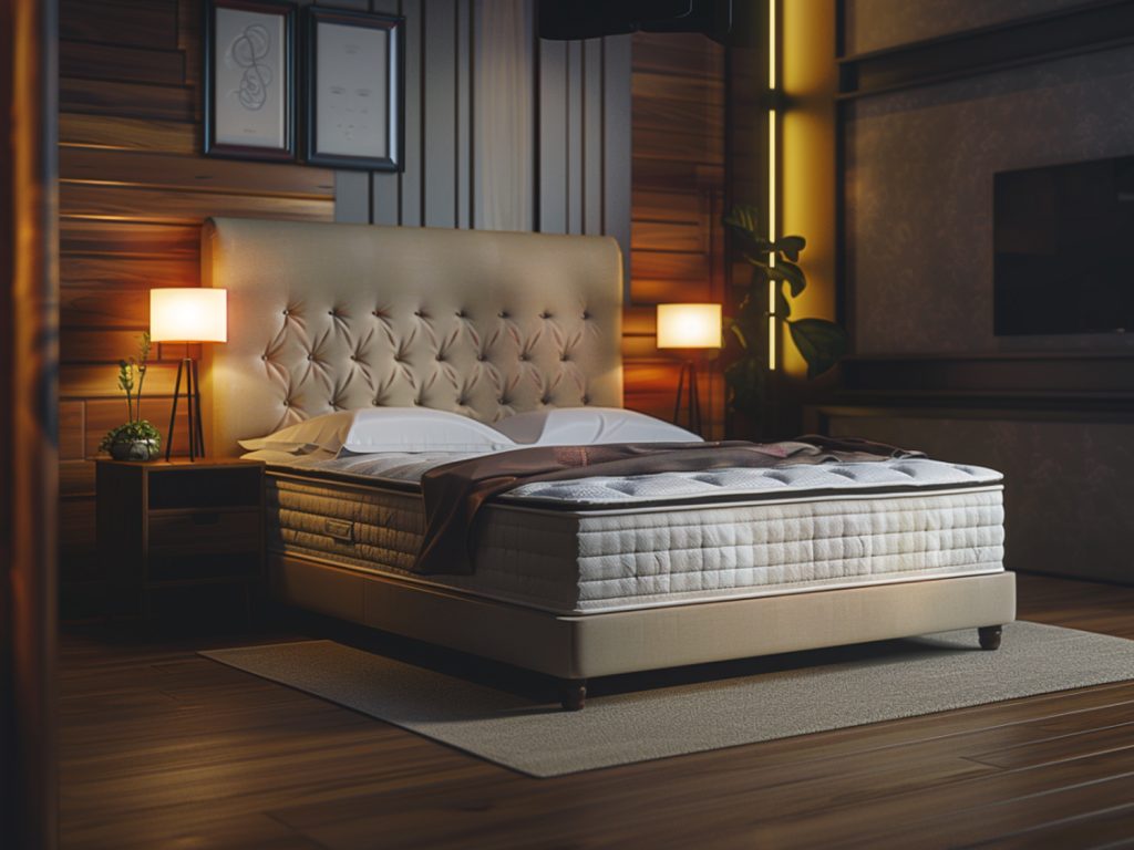 Tapicerowane łóżko z pikowanym zagłówkiem w ciemnej sypialni