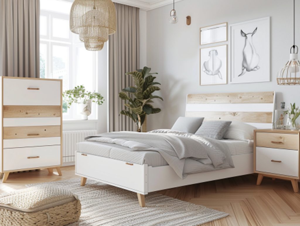 Białe łóżko drewniane z tapicerowanym zagłówkiem w sypialni skandynawskiej