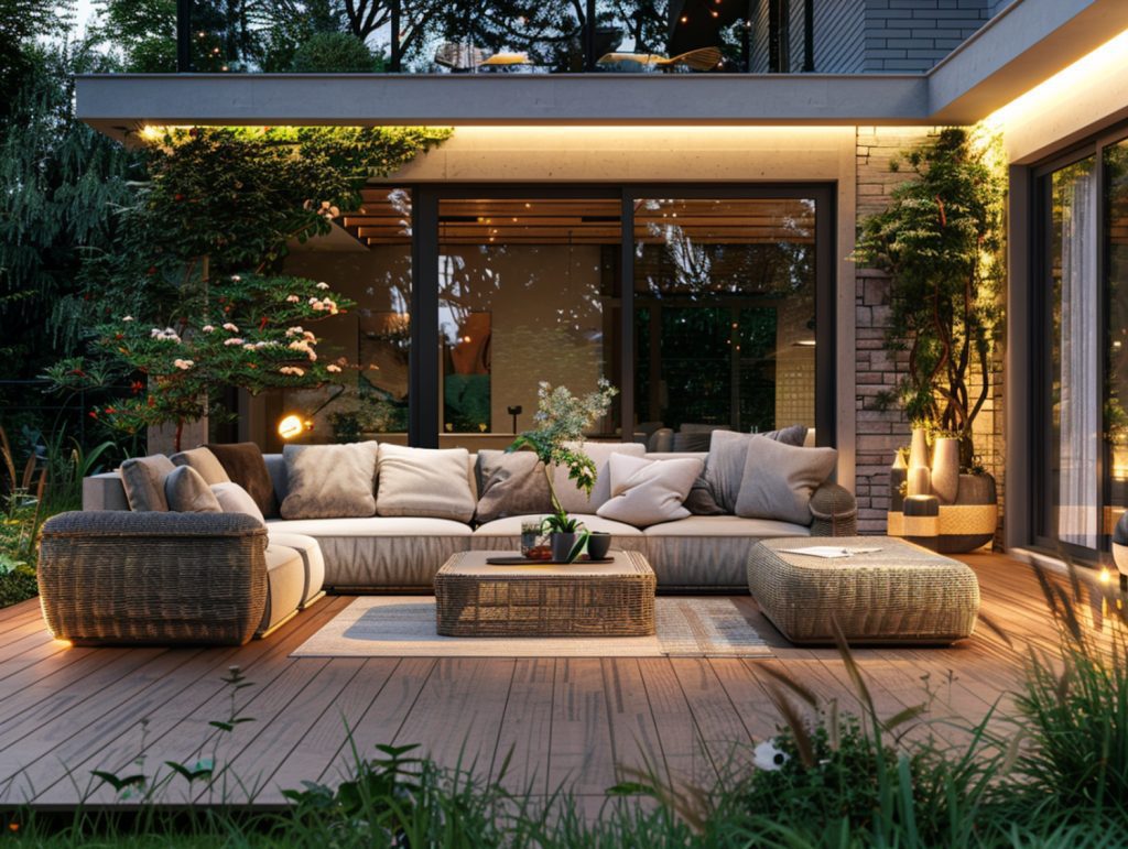 Nowoczesny taras z kanapą narożną i ogrodowym oświetleniem