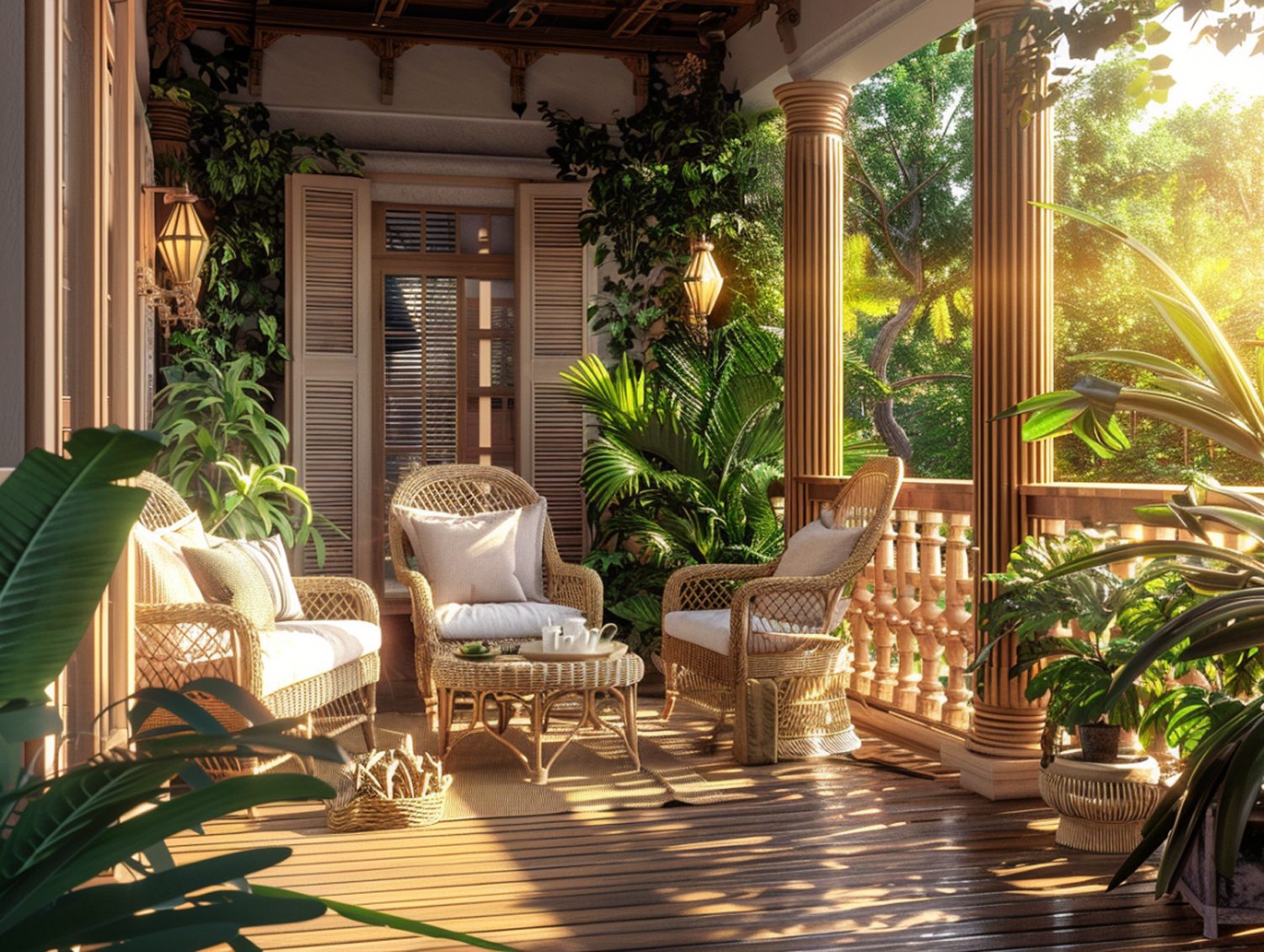 Stylowa weranda z rattanowymi fotelami i roślinnością