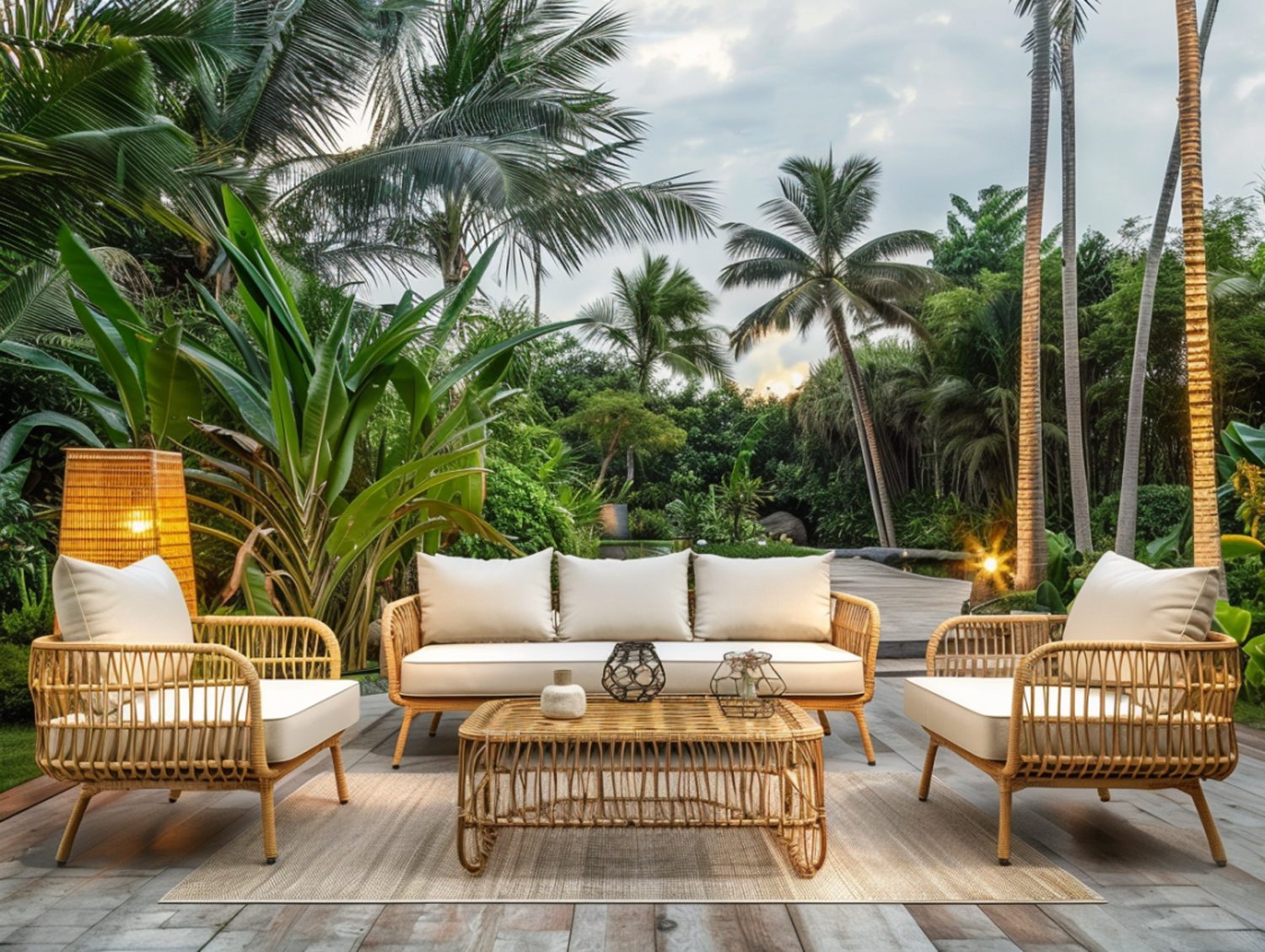 Zestaw mebli ogrodowych z technorattanu i białymi poduchami