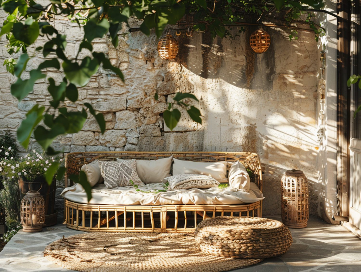 Okrągła sofa rattanowa z poduchami w rustykalnym ogrodzie