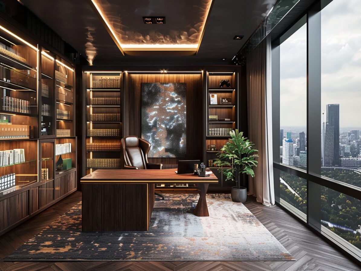 Gabinet z drewnianym biurkiem i półkami z oświetleniem LED