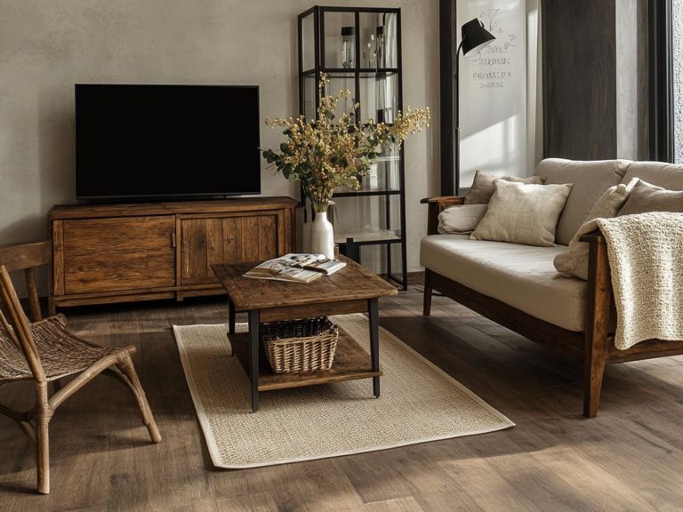 Salon z drewnianą szafką RTV i stolikiem w stylu rustykalnym