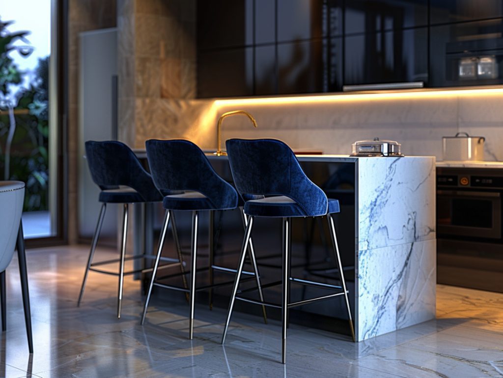 Marmurowa wyspa i granatowe hokery w nowoczesnej kuchni
