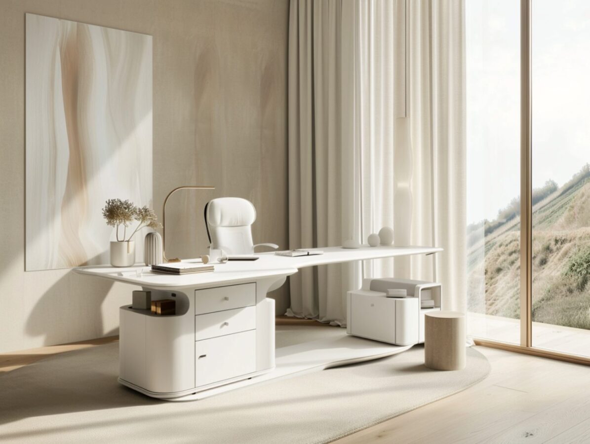 Białe biurko i fotel obrotowy w minimalistycznym domowym biurze