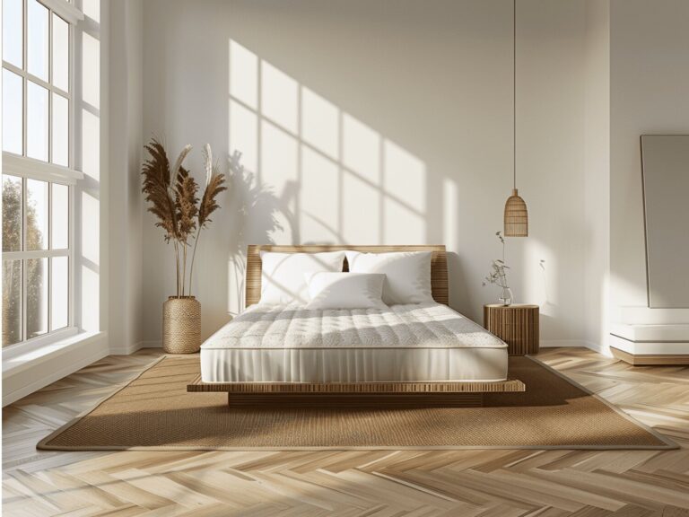 Łóżko z jasnego drewna i minimalistycznym materacem w stylu japandi