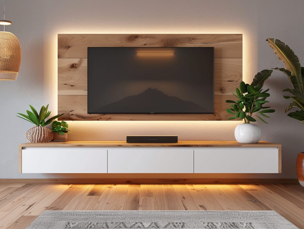 Meblościanka RTV z podświetleniem LED i naturalnym dekorem