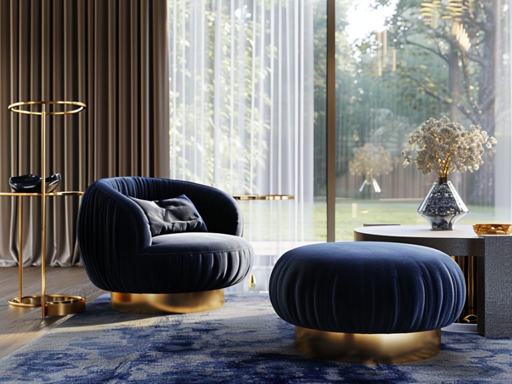 Fotel welurowy granatowy z podnóżkiem na złotej podstawie
