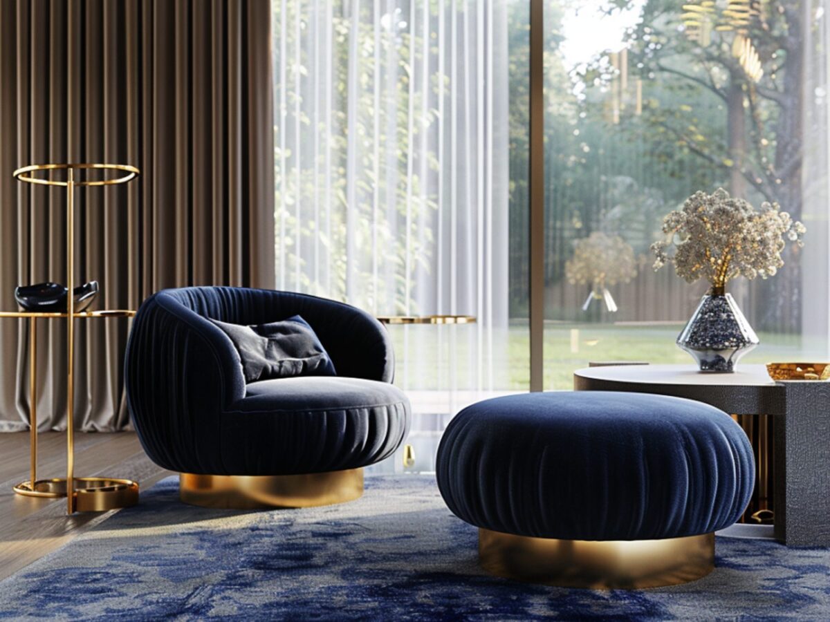 Fotel welurowy granatowy z podnóżkiem na złotej podstawie